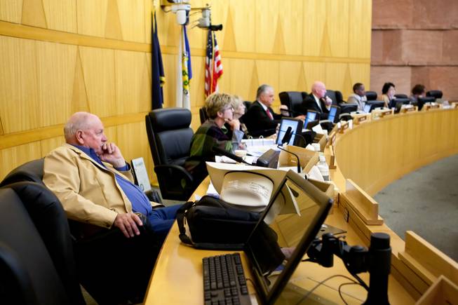 Clark County commissioners listen to a speaker during a meeting at the Clark County Government Center in Las Vegas on Tuesday, March 19, 2013.